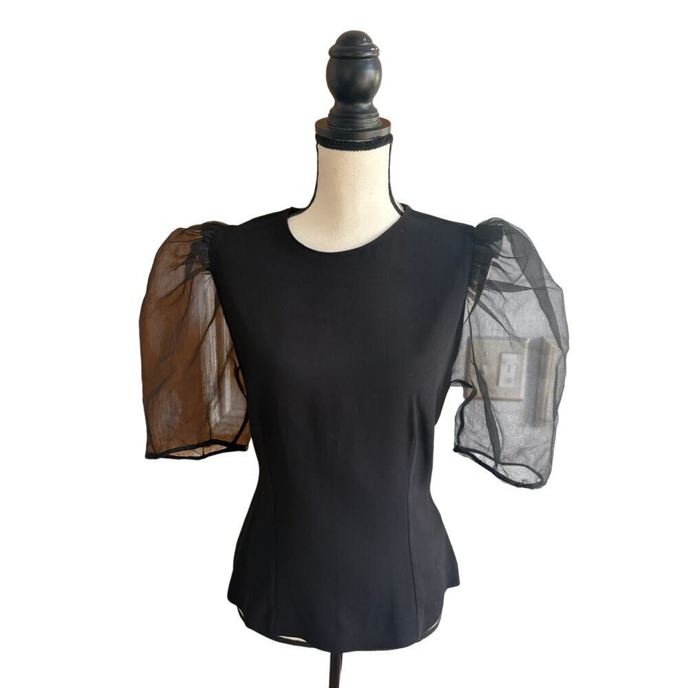 Zara Black Puff Tulle Sleeve Top Holiday Party Evening Blouse Small